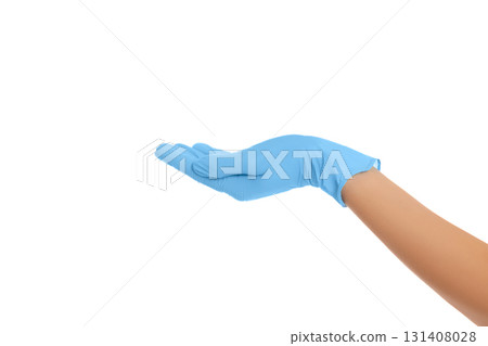 Blue-gloved hand ready for exam, isolated on white, PNG 131408028
