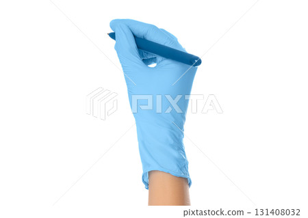 Blue-gloved hand poised to write, isolated on white, PNG 131408032