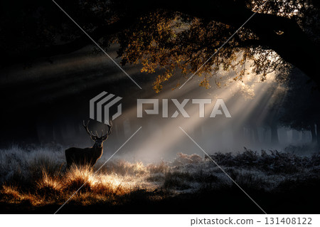 Lone deer stands in a sun-dappled forest clearing at dawn Lone deer stands in a sun-dappled forest clearing at dawn 131408122