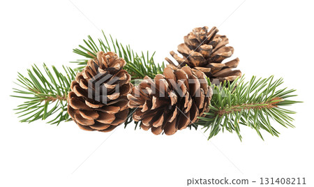Pine cones and green branches blend beautifully, created with AI Pine cones and green branches blend beautifully, created with AI 131408211