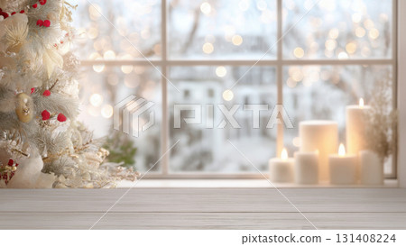 Festive tree and candles evoke a cozy winter, created AI 131408224