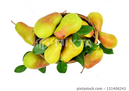 Ripe pears in a bucket, basket, box. Fresh fruits. Delivery. Gardening. Harvest, Autumn. On transparent, png. Top view Ripe pears in a bucket, basket, box. Fresh fruits. Delivery. Gardening. Harvest, Autumn. On transparent, png. Top view 131408243