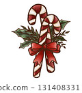 Candy Cane with Red Bow and Holly Watercolor Illustration Isolated On White 131408331