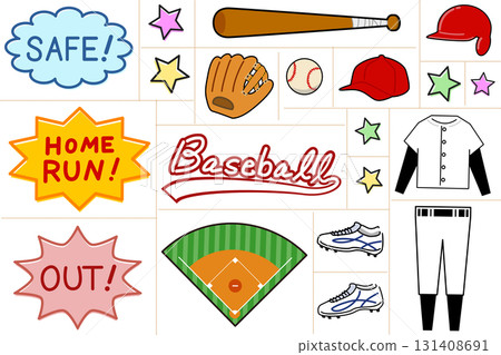 Pop and fun baseball item set | Bat, ball, glove, uniform, baseball field 131408691