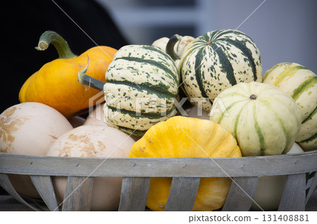 A rustic basket overflowing with a colorful assortment of gourds, perfect for autumn. 131408881