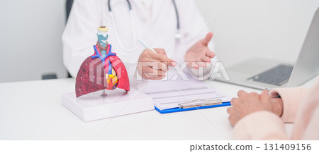 Doctor with Respiratory system. Elderly Patient consultation medical health for Lung Cancer, Asthma, Chronic Obstructive Pulmonary, Bronchitis, Emphysema, Cystic Fibrosis, Bronchiectasis, Pneumonia 131409156