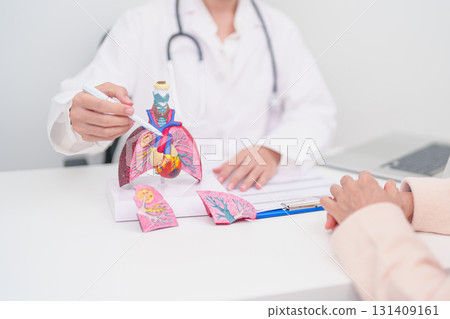 Doctor point heart Cardiovascular and Respiratory anatomy for Disease. Lung Cancer, Asthma, Chronic Obstructive Pulmonary or COPD, Bronchitis, Emphysema, Cystic Fibrosis, Bronchiectasis, Pneumonia Doctor point heart Cardiovascular and Respiratory anatomy for Disease. Lung Cancer, Asthma, Chronic Obstructive Pulmonary or COPD, Bronchitis, Emphysema, Cystic Fibrosis, Bronchiectasis, Pneumonia 131409161