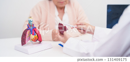 Doctor with Respiratory system. Elderly Patient consultation medical health for Lung Cancer, Asthma, Chronic Obstructive Pulmonary, Bronchitis, Emphysema, Cystic Fibrosis, Bronchiectasis, Pneumonia 131409175