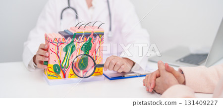 woman Patient consultation Dermatologist with anatomy of skin and hair. Skin disease and Hair loss, Systemic Lupus Erythematosus or SLE, world lupus day, May Melanoma and Skin Cancer Awareness month 131409227