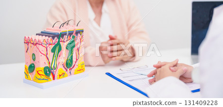 woman Patient consultation Dermatologist with anatomy of skin and hair. Skin disease and Hair loss, Systemic Lupus Erythematosus or SLE, world lupus day, May Melanoma and Skin Cancer Awareness month woman Patient consultation Dermatologist with anatomy of skin and hair. Skin disease and Hair loss, Systemic Lupus Erythematosus or SLE, world lupus day, May Melanoma and Skin Cancer Awareness month 131409228