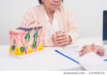 woman Patient consultation Dermatologist with anatomy of skin and hair. Skin disease and Hair loss, Systemic Lupus Erythematosus or SLE, world lupus day, May Melanoma and Skin Cancer Awareness month 131409229