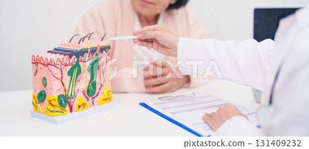 woman Patient consultation Dermatologist with anatomy of skin and hair. Skin disease and Hair loss, Systemic Lupus Erythematosus or SLE, world lupus day, May Melanoma and Skin Cancer Awareness month 131409232