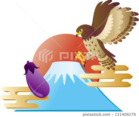 New Year's materials: Japanese-style illustrations of Mt. Fuji, a hawk, and eggplant New Year's materials: Japanese-style illustrations of Mt. Fuji, a hawk, and eggplant 131409279