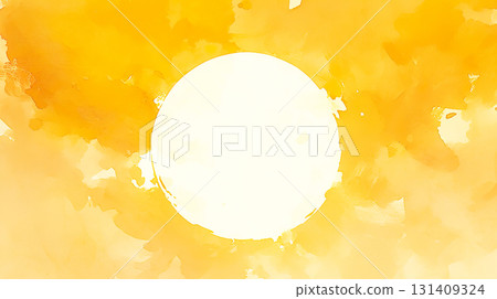Watercolor illustration background of a white circle like the sun on a bright yellow abstract background 131409324
