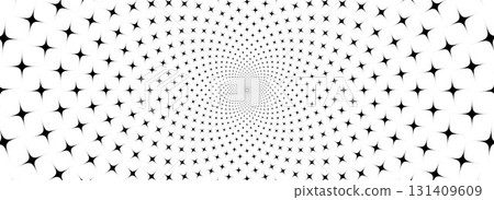 Rotating stars optical illusion background. Black and white hypnotic sparkles surface. Spinning spiral sparks poster design. Abstract trippy illusion wallpaper for banner, template design. Vector 131409609