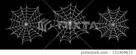 White spooky spider web collection. Creepy cobweb set. Halloween frame and borders elements for banner, poster, decoration. Linear scary tangled net bundle. Vector Haloween outline pack 131409613