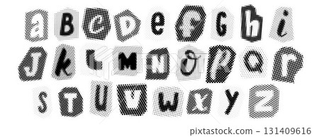 Retro pixelated letters design. Black halftone alphabet. Comic pop art cut out font. Rasterized bitmap English alphabet. Old-fashioned newspapers typography pack. Vector aged textured dotted abc set Retro pixelated letters design. Black halftone alphabet. Comic pop art cut out font. Rasterized bitmap English alphabet. Old-fashioned newspapers typography pack. Vector aged textured dotted abc set 131409616