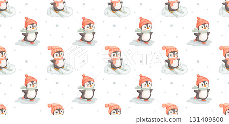 Seamless watercolor pattern with cute penguin skiing and skating, funny animal in red hat and scarf. Endless background for baby. 131409800