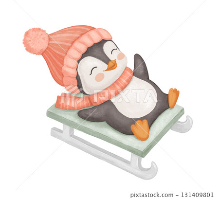 Cute penguin on sled, watercolor baby animal in red hat and scarf, winter activity, hand drawn illustration for kids, baby 131409801