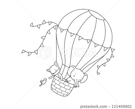 Hot air balloon with cute baby animal. Elephant and fox outline solated illustration for coloring book Hot air balloon with cute baby animal. Elephant and fox outline solated illustration for coloring book 131409802