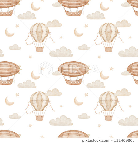 Seamless watercolor background with hot air balloon and airship in clouds, moon, hand drawn repeating illustrations on white background Seamless watercolor background with hot air balloon and airship in clouds, moon, hand drawn repeating illustrations on white background 131409803