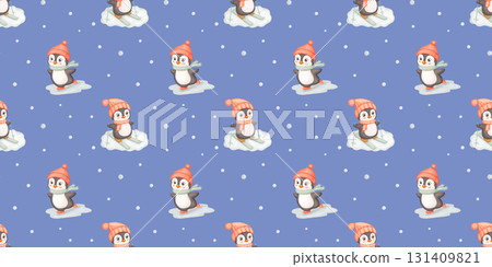 Seamless watercolor pattern with cute penguin in red hat and scarf in winter. Endless background for kids. Penguin skiing and skating on blue backdrop 131409821
