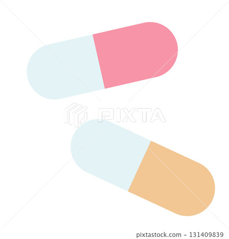 Medical illustrations of medicines, tablets, and capsules 131409839