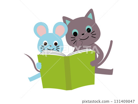 一隻貓和老鼠一起開心地讀書 一隻貓和老鼠一起開心地讀書 131409847