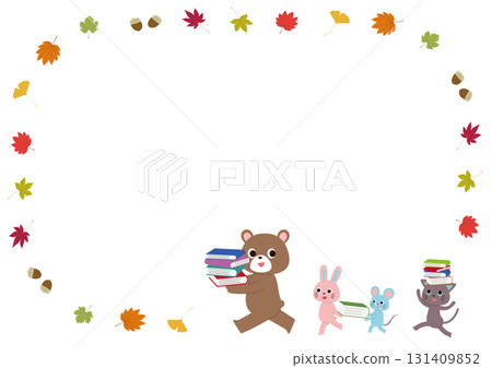 秋季閱讀框架：可愛的動物們抬著書本遊行 131409852