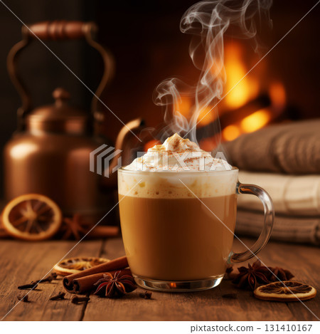 Steaming latte with whipped cream by fireplace 131410167