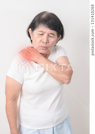 Elderly Woman having Shoulder Pain for Muscle Inflammation and Sprain, Myofascial ache syndrome and Fibromyalgia, Shoulder Myalgia, Scapular Tightness, Cervical Spine, Rheumatism and Health care 131410268