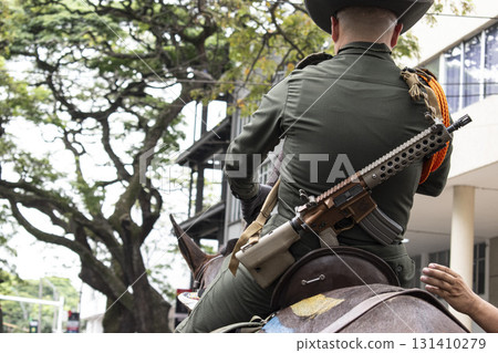 Carabinero on horseback carrying rifle, Mounted police officer with firearm, Colombian carabinero in action 131410279