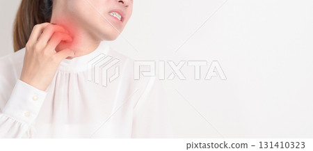 Business woman itching Neck and body scratching for Skin Allergy from insect bite and food dermatitis. Dermatology, Leprosy day, Systemic lupus erythematosus, Psoriasis, Urticaria and rash Eczema Business woman itching Neck and body scratching for Skin Allergy from insect bite and food dermatitis. Dermatology, Leprosy day, Systemic lupus erythematosus, Psoriasis, Urticaria and rash Eczema 131410323