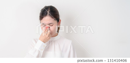 Business Woman having Nose pain for concepts of Nose disease, Common Cold, Influenza, Flu, Covid 19, Respiratory Infection, Sinusitis, Allergic Rhinitis, Asthma, Allergy, Dry nose Anosmia and Health Business Woman having Nose pain for concepts of Nose disease, Common Cold, Influenza, Flu, Covid 19, Respiratory Infection, Sinusitis, Allergic Rhinitis, Asthma, Allergy, Dry nose Anosmia and Health 131410406