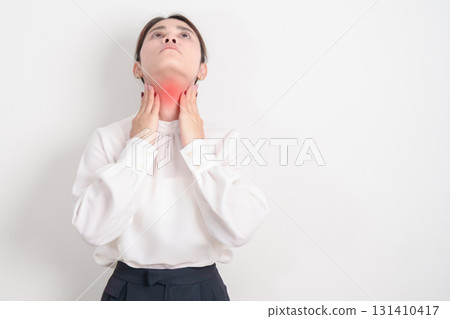 business Woman checking Thyroid gland disease. Hand holding Neck pain and Sore Throat. Hyperthyroidism, Hypothyroidism, Hashimoto Thyroiditis, Thyroid Tumor and Cancer, Postpartum, Papillary Carcinoma business Woman checking Thyroid gland disease. Hand holding Neck pain and Sore Throat. Hyperthyroidism, Hypothyroidism, Hashimoto Thyroiditis, Thyroid Tumor and Cancer, Postpartum, Papillary Carcinoma 131410417