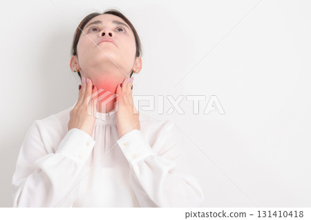 business Woman checking Thyroid gland disease. Hand holding Neck pain and Sore Throat. Hyperthyroidism, Hypothyroidism, Hashimoto Thyroiditis, Thyroid Tumor and Cancer, Postpartum, Papillary Carcinoma business Woman checking Thyroid gland disease. Hand holding Neck pain and Sore Throat. Hyperthyroidism, Hypothyroidism, Hashimoto Thyroiditis, Thyroid Tumor and Cancer, Postpartum, Papillary Carcinoma 131410418
