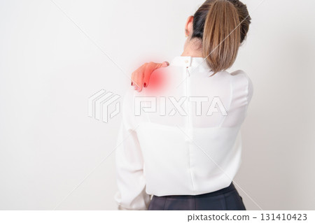 Business Woman having Shoulder Pain for Muscle Inflammation and Sprain, Myofascial ache syndrome and Fibromyalgia, Shoulder Myalgia, Scapular Tightness, Cervical Spine, Rheumatism and Office Syndrome 131410423