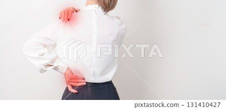 Business woman having back body ache for concepts of Back Muscle Strain, Piriformis Syndrome, Low Back Pain, Lumbar Disc Degeneration, Herniated, Osteoporosis, Spinal Compression and Office syndrome 131410427