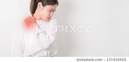 Business Woman having Shoulder Pain for Muscle Inflammation and Sprain, Myofascial ache syndrome and Fibromyalgia, Shoulder Myalgia, Scapular Tightness, Cervical Spine, Rheumatism and Office Syndrome 131410428