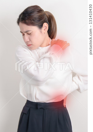 Business woman having back body ache for concepts of Back Muscle Strain, Piriformis Syndrome, Low Back Pain, Lumbar Disc Degeneration, Herniated, Osteoporosis, Spinal Compression and Office syndrome 131410430