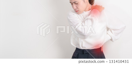 Business woman having back body ache for concepts of Back Muscle Strain, Piriformis Syndrome, Low Back Pain, Lumbar Disc Degeneration, Herniated, Osteoporosis, Spinal Compression and Office syndrome 131410431