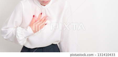 Woman having Chest pain for concepts of Lung Disease, Lung Cancer, Asthma, Chronic Obstructive Pulmonary or COPD, Bronchitis, Emphysema, Cystic Fibrosis, Bronchiectasis, Pneumonia and world Lung day 131410433