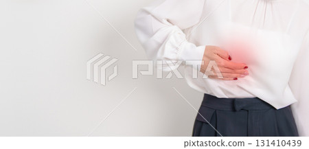 Business Woman having Liver pain for Liver disease, cancer and Tumor, Jaundice, Viral Hepatitis A, B, C, D, E, Cirrhosis, Failure, Enlarged, Hepatic Encephalopathy, Ascites Fluid in Belly and health 131410439