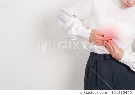 Business Woman having Liver pain for Liver disease, cancer and Tumor, Jaundice, Viral Hepatitis A, B, C, D, E, Cirrhosis, Failure, Enlarged, Hepatic Encephalopathy, Ascites Fluid in Belly and health 131410440