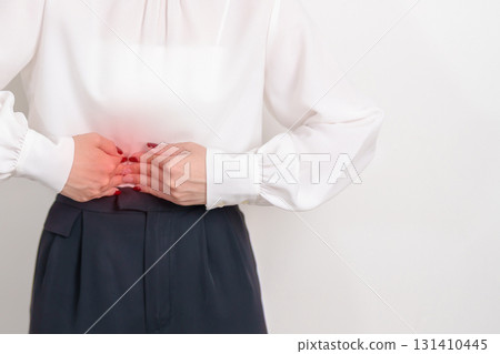 Business Woman having Pancreatitis for Pancreas pain and disease, Gallbladder, Bile Duct, Duodenum, Small intestine. Pancreatic cancer, Acute and Chronic pancreatitis, Digestive system and Health 131410445