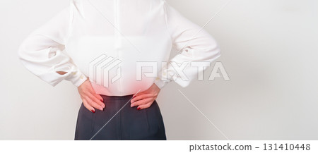 Business woman having side and Back Waist pain for Kidney disease, Urinary system and Stones, world Kidney and Cancer day, Chronic kidney, Organ Donor Day and Health care concept Business woman having side and Back Waist pain for Kidney disease, Urinary system and Stones, world Kidney and Cancer day, Chronic kidney, Organ Donor Day and Health care concept 131410448