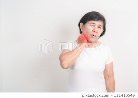 Elderly Woman having Neck pain for concepts of Neck Muscle Strain and Inflammation, Myofascial pain syndrome and Fibromyalgia, Rheumatism, Cervical Spine Spondylosis, Osteoporosis and Health care 131410549