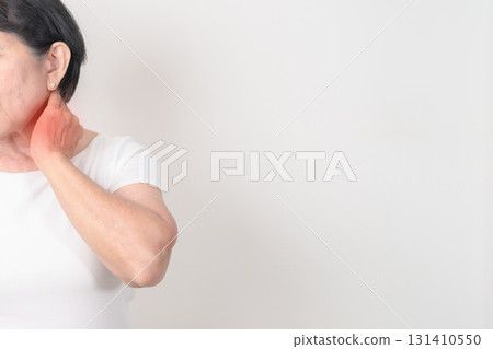 Elderly Woman having Neck pain for concepts of Neck Muscle Strain and Inflammation, Myofascial pain syndrome and Fibromyalgia, Rheumatism, Cervical Spine Spondylosis, Osteoporosis and Health care Elderly Woman having Neck pain for concepts of Neck Muscle Strain and Inflammation, Myofascial pain syndrome and Fibromyalgia, Rheumatism, Cervical Spine Spondylosis, Osteoporosis and Health care 131410550