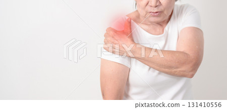 Elderly Woman having Shoulder Pain for Muscle Inflammation and Sprain, Myofascial ache syndrome and Fibromyalgia, Shoulder Myalgia, Scapular Tightness, Cervical Spine, Rheumatism and Health care Elderly Woman having Shoulder Pain for Muscle Inflammation and Sprain, Myofascial ache syndrome and Fibromyalgia, Shoulder Myalgia, Scapular Tightness, Cervical Spine, Rheumatism and Health care 131410556