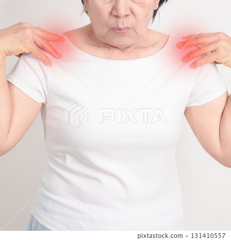 Elderly Woman having Shoulder Pain for Muscle Inflammation and Sprain, Myofascial ache syndrome and Fibromyalgia, Shoulder Myalgia, Scapular Tightness, Cervical Spine, Rheumatism and Health care 131410557